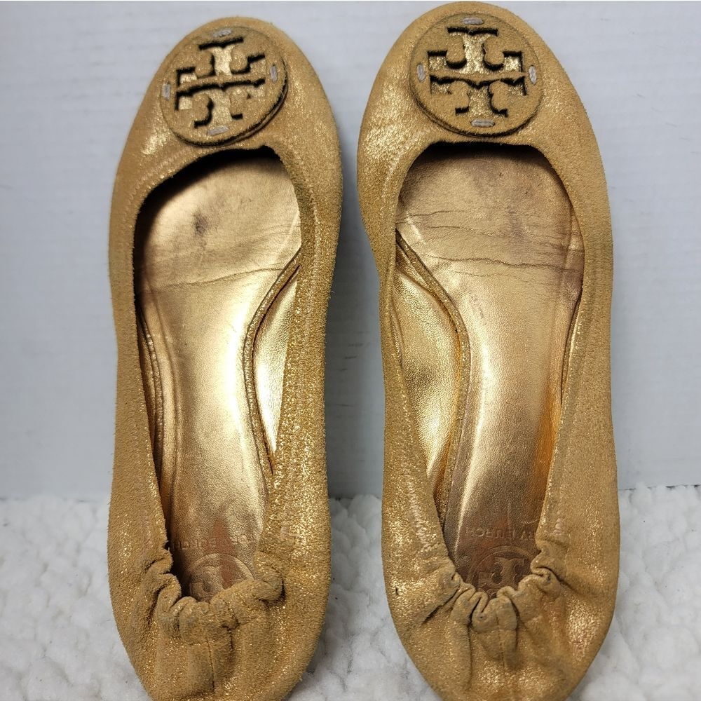 Tory Burch Reva Ballet Flats Women’s 10.5 Gold Metallic Leather Logo Shoes - Picture 9 of 13